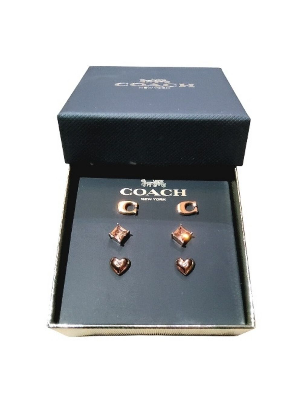 Coach Earrings Gift Boxed Set 3 Pairs Signature Pave Heart Rose Gold